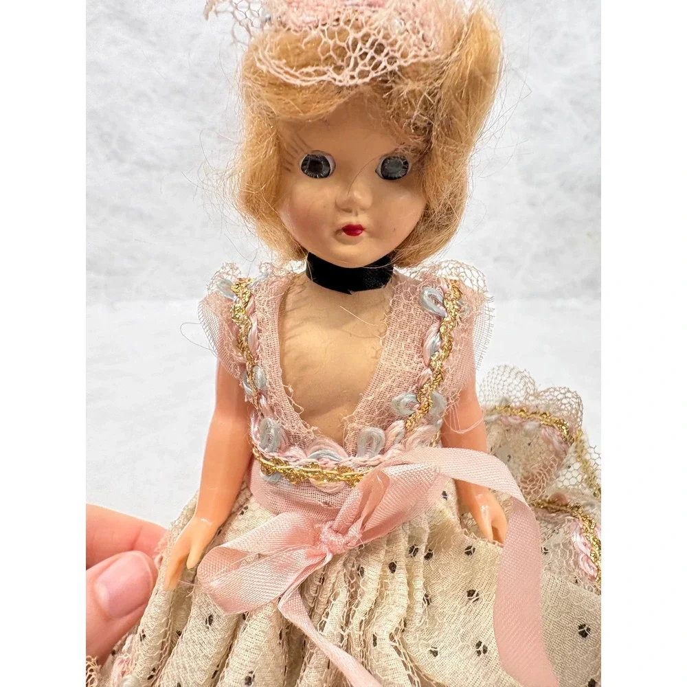 Vintage 7.5 Inch Plastic Doll Polka Dot Tulle Gown Pink Lace Trim Pink Satin